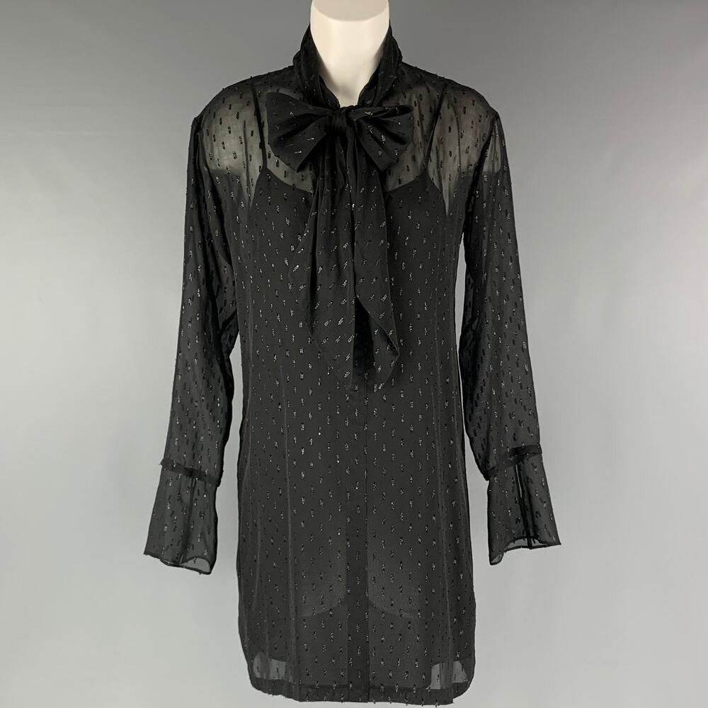 THEORY Size 2 Black Silk Metallic Textured Bow Dress